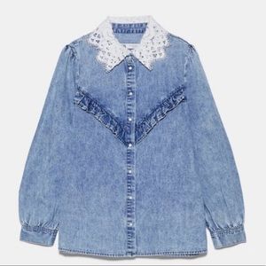 Zara denim ruffle shirt with lace collar